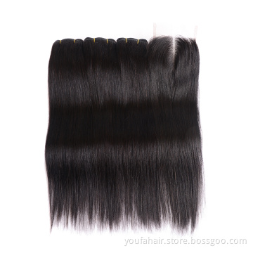 Lace Closure 4x4 Natural Straight Wave With Bundles Human Hair, 3 Bundles Peruvian Hair With Large Size 6*6 Hair Closure